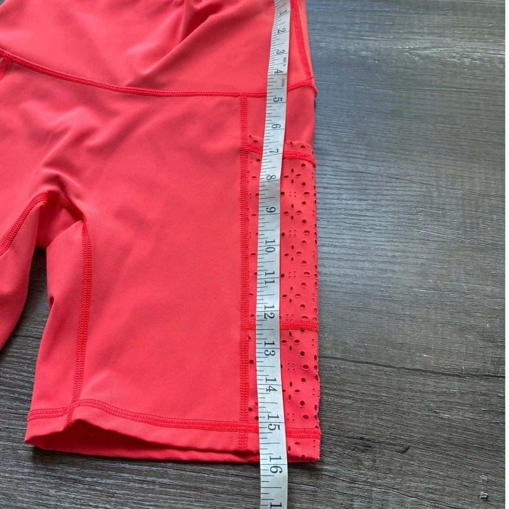 Aerie Neon Coral‎ Eyelet Pocket Bike Shorts S High Rise Athletic Summer *FLAW*
